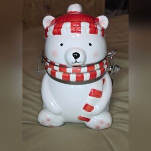 Polar Bear Ceramic Cookie Jar Candy Cane Hat Clamp Lid